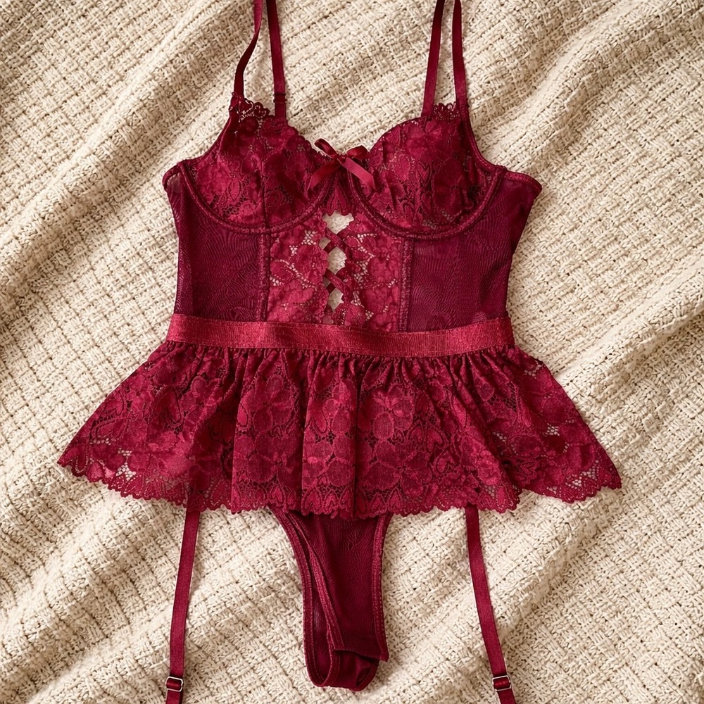 Avidlove Wine‎ Red Lace Teddy Bodysuit Babydoll Lingerie Garter Straps Medium